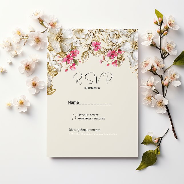 Luxury ivory pink white gold flowers RSVP  Einladung (Luxury ivory pink white gold flowers RSVP)