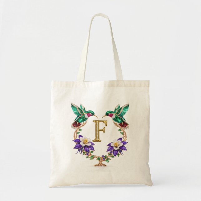 Luxury Jeweled Hummingbird Monogram F Wedding Tote Tragetasche (Vorne)