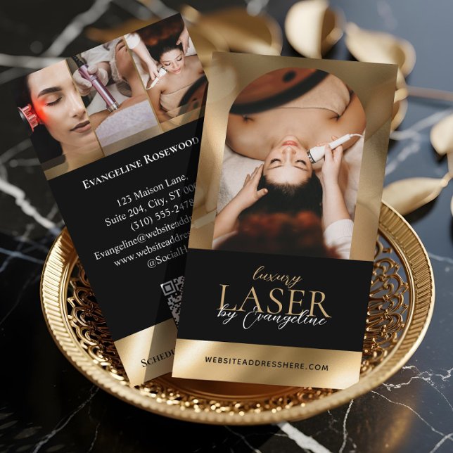 Luxury Laser Technician Spa Arch Photo Black Gold Visitenkarte (Luxury Laser Technician Spa Arch Photo Black Gold Business Card)