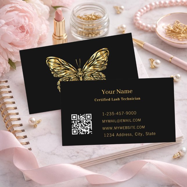 Luxury Lash Tech Black Gold Butterfly QR Code Visitenkarte (Von Creator hochgeladen)