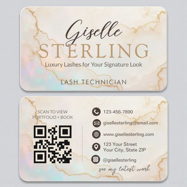 Luxury Lash Techniker Pearl Opal Gold Script Visitenkarte (Von Creator hochgeladen)