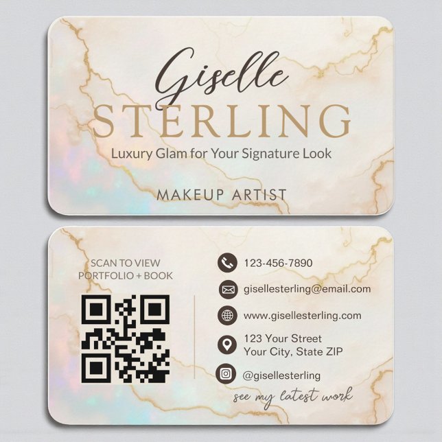 Luxury Makeup Artist Pearl Opal Gold Script Visitenkarte (Von Creator hochgeladen)