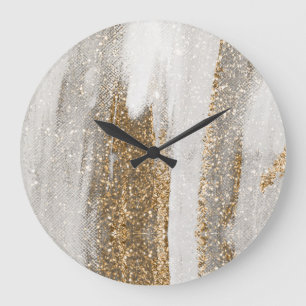 Luxury Marble Gold Strokes white and grey Große Wanduhr