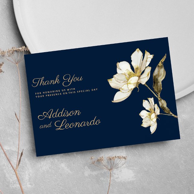 Luxury Marineblau-Blume Weißgold Vielen Dank Einladung (Luxury navy blue gold white flower Thank You )
