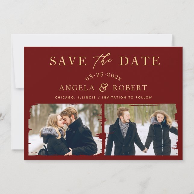 Luxury Maroon Red Gold | Brush Stroke 2 Foto Save The Date (Vorderseite)