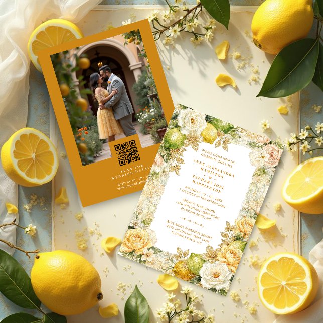 Luxury Mediterranean Lemons & Flowers Photo Einladung (Luxury Delicate Mediterranean Lemons & Flowers Frame Wedding Invitation Cards.)