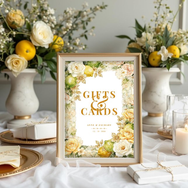 Luxury Mediterranean Lemons & Flowers Wedding Poster (Luxury Delicate Mediterranean Lemons & Flowers Frame Wedding Gifts & Cards Posters.)