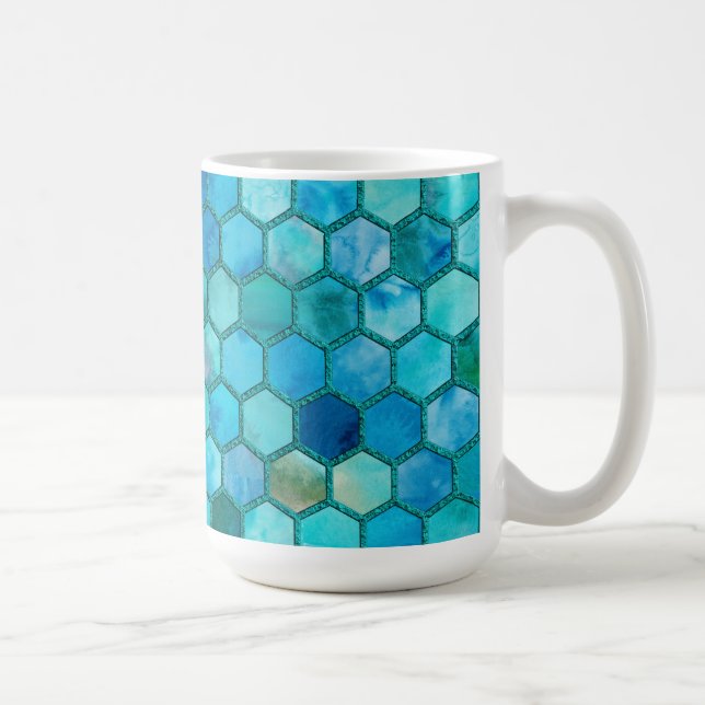 Luxury Metal Foil Glitzer Aqua Blue Honeycomb Kaffeetasse (Rechts)