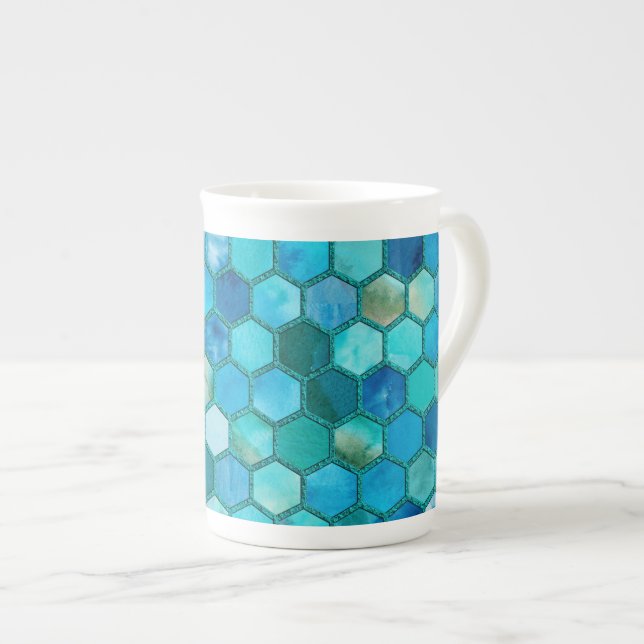 Luxury Metal Foil Glitzer Aqua Blue Honeycomb Prozellantasse (Vorderseite Rechts)