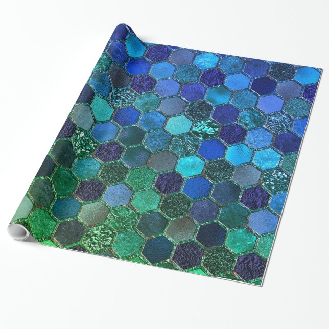 Luxury Metal Foil Glitzer Blue Green Honeycomb Geschenkpapier (Ungerollt)