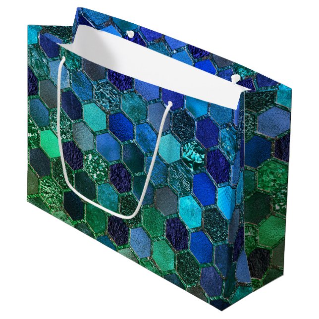 Luxury Metal Foil Glitzer Blue Green Honeycomb Große Geschenktüte (Vorderseite Schrägansicht)