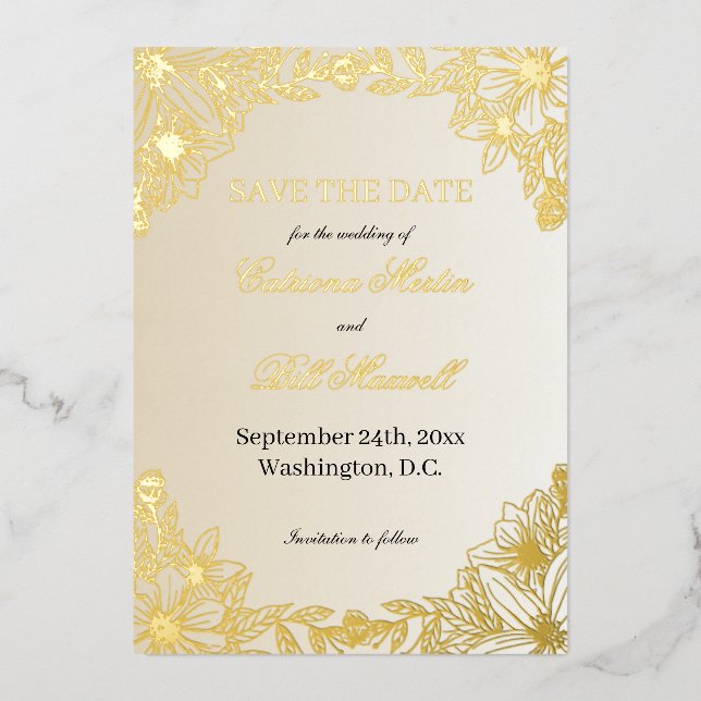 Luxury Metallic Gold Floral Save The Date Card Folieneinladung (Vorderseite)