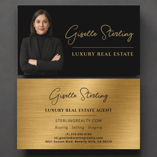 Luxury Metallic Real Estate Black Gold Script  Visitenkarte (Von Creator hochgeladen)