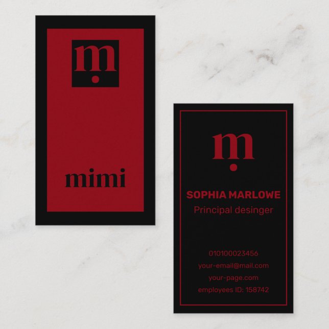 Luxury minimal initial black and red visitenkarte (Vorne/Hinten)