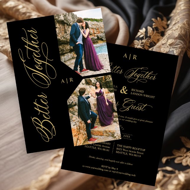 Luxury Modern 2 Photos Collage Golden Whimsical Einladung (Luxury Modern 2 Photos Collage Golden Whimsical Wedding Invitation Card with Envelope.)
