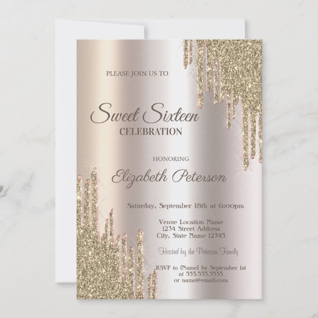 Luxury Modern Glitter Drips Gold  Sweet 16 Einladung (Vorderseite)