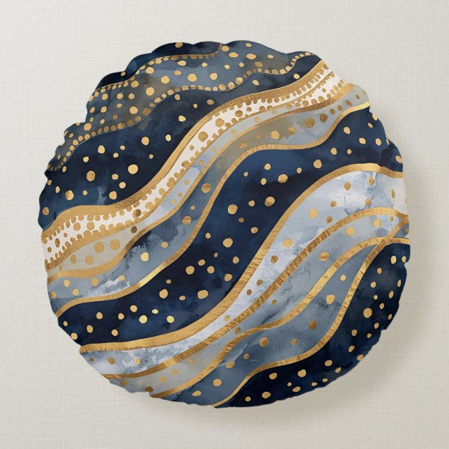 Luxury, Modern, Gold Blue Pattern Rundes Kissen (Vorderseite)