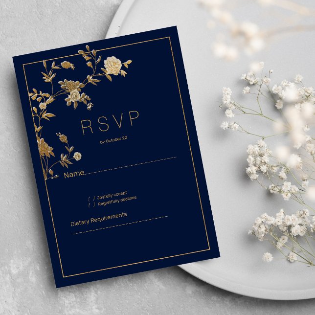 Luxury modern gold floral navy blue RSVP Einladung (Luxury modern gold floral navy blue RSVP)