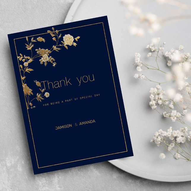 Luxury modern gold floral navy blue Thank You Einladung (Luxury modern gold floral navy blue Thank You )