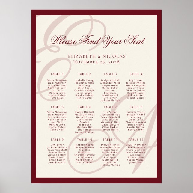Luxury Monogram Calligraphy Wedding Seating Chart Poster (Vorne)