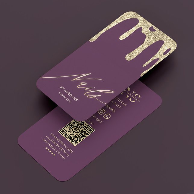 Luxury Nail Technician Lila Gold Lacquer Visitenkarte (Luxury Nail Technician Nail Artist Purple Gold Business Card
)