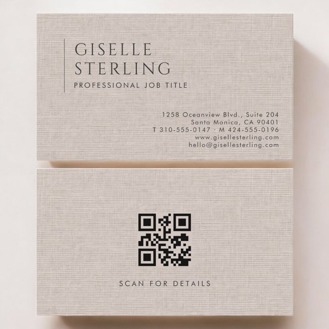 Luxury Natural Brown Linen QR Code Visitenkarte (Von Creator hochgeladen)