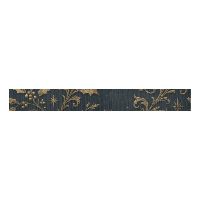 Luxury Navy and Gold Botanical Christmas Ripsband (Vorderseite)