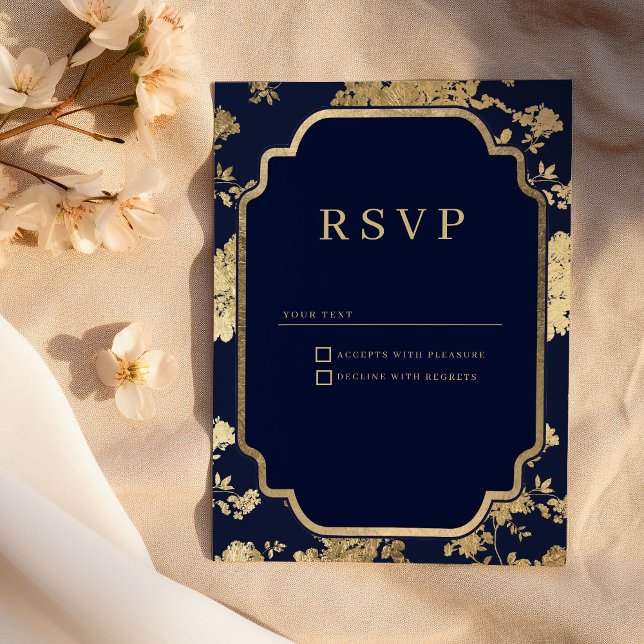 Luxury navy blue and gold floral RSVP Einladung (Luxury navy blue and gold floral RSVP )