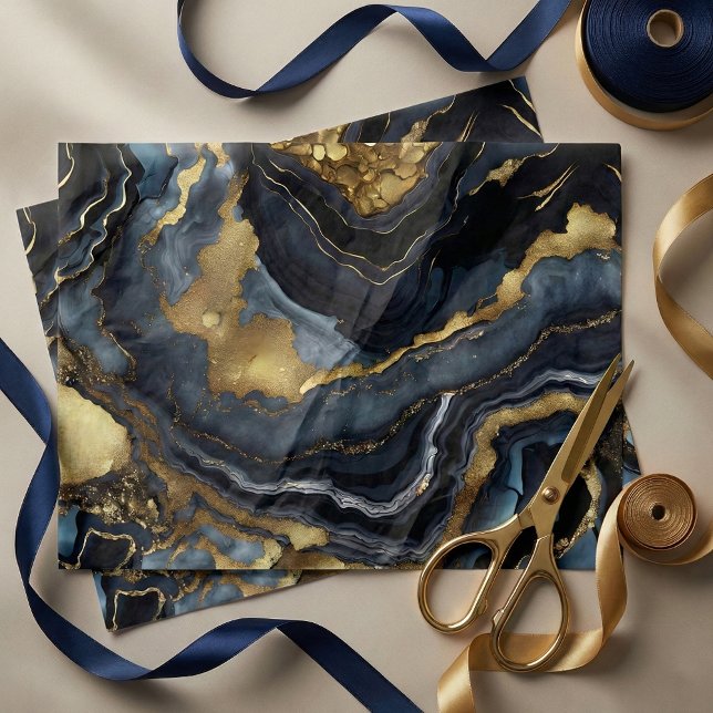 Luxury Navy Blue Black Faux Gold Marble Agate Seidenpapier (Von Creator hochgeladen)