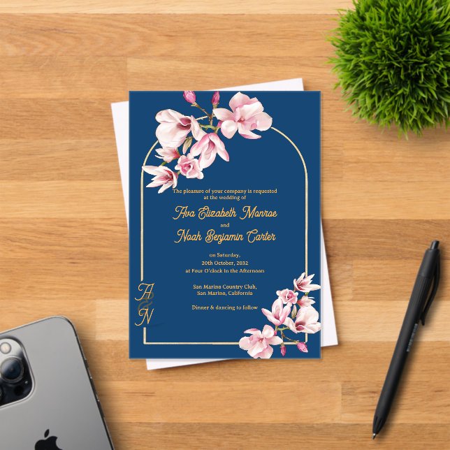 Luxury Navy Blue Gold Arch Magnolia Wedding Acryleinladungen (Insitu (Einladungskarte))