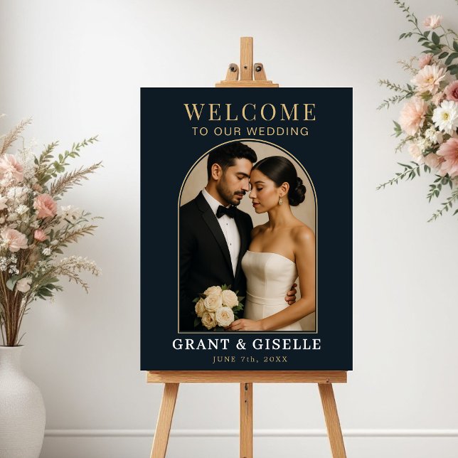 Luxury Navy Blue Gold Photo Wedding Welcome Sign  Poster (Von Creator hochgeladen)