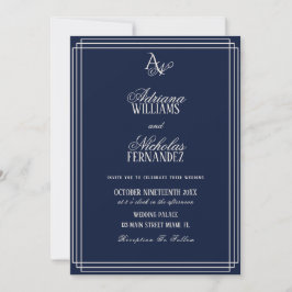 Luxury Navy Blue Monogram Wedding Einladung