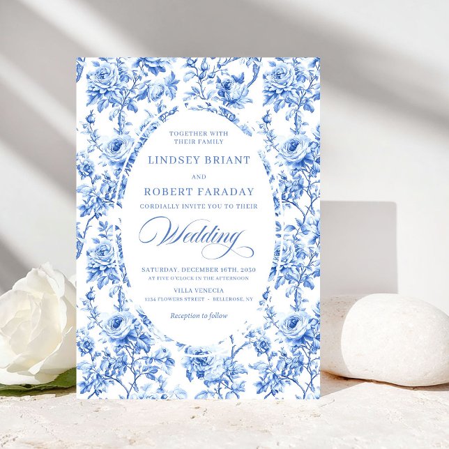 Luxury Navy Blue Toile Rose Floral Wedding Invite Einladung (Luxury Navy Blue Toile Rose Floral Wedding Invitation)