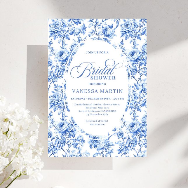 Luxury Navy Blue Toile Roses Bridal Shower Invites Einladung (Luxury Navy Blue Toile Roses Bridal Shower Invitation)