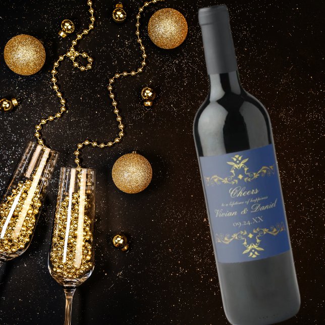 Luxury Navy Blue und Gold Wedding Wine Bottle Labe Weinetikett (Von Creator hochgeladen)