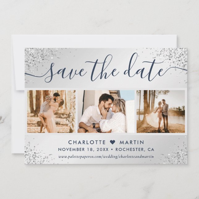 Luxury Navy Blue und Silver Glitzer Wedding Foto Save The Date (Vorderseite)