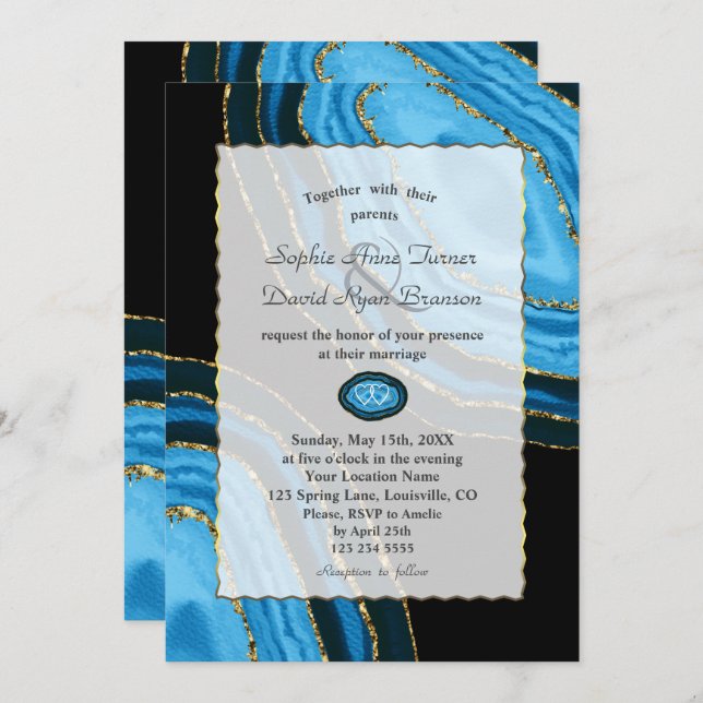 Luxury Navy Blue Watercolor Agates Pearls Wedding Einladung (Vorne/Hinten)