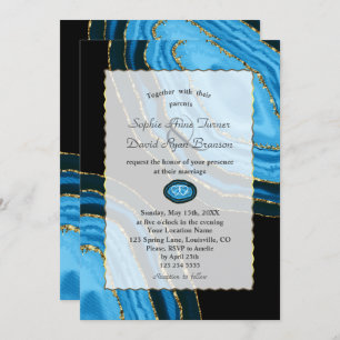 Luxury Navy Blue Watercolor Agates Pearls Wedding Einladung