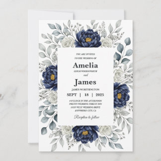 Luxury Navy Blue Watercolor Floral Wedding Invita Einladung