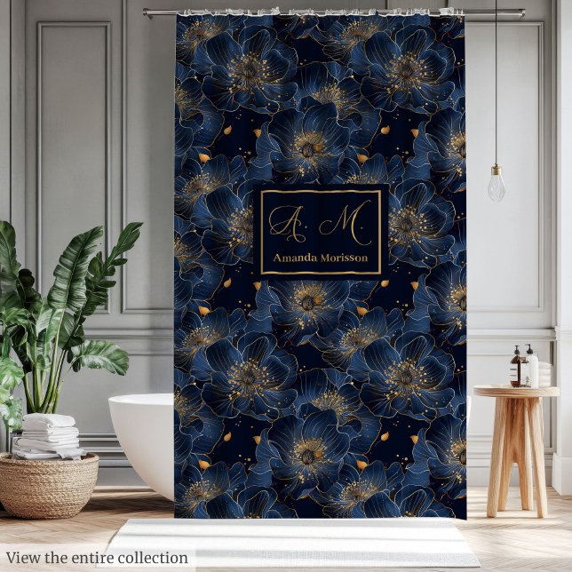 Luxury Navy Gold Floral Pattern Curtain Bathroom Duschvorhang (Luxury Navy Gold Floral Pattern Curtain Bathroom)