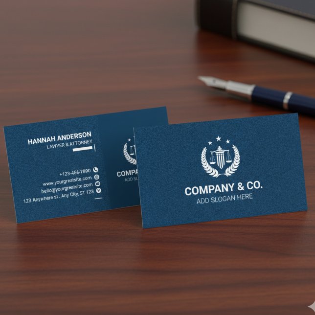 Luxury Navy Leather Look Attorney Business Card  Visitenkarte (Luxury Navy Leather Look Attorney Business Card with Logo)