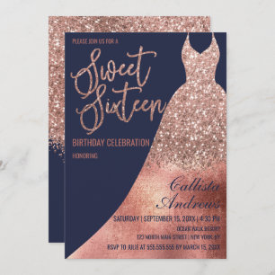 Luxury Navy Rose Gold Glitzer Kleid Sweet 16 Einladung