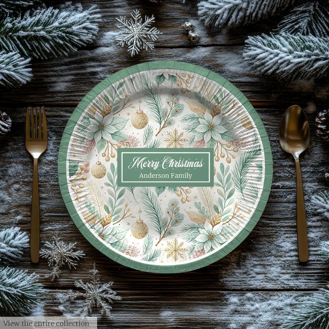 Luxury Paper Plates White Poinsettia Sage and gold Pappteller (Luxury Paper Plates White Poinsettia Sage and gold)