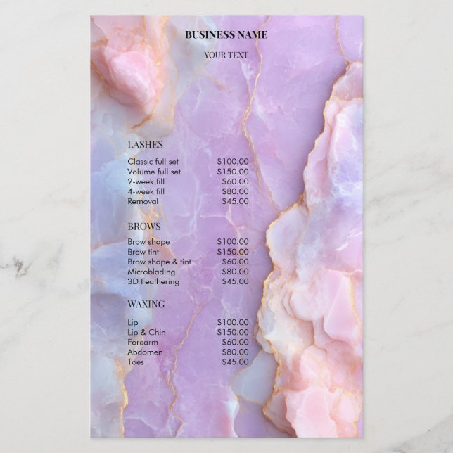 Luxury Pastel Marble Lash Ar Salon Price List Menu Flyer (Vorne)