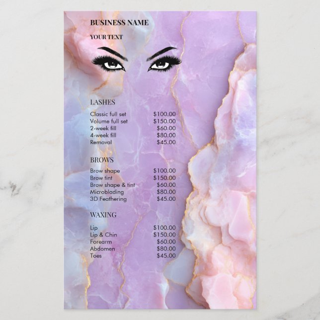 Luxury Pastel Marble Lash Ar Salon Price List Menu Flyer (Vorne)