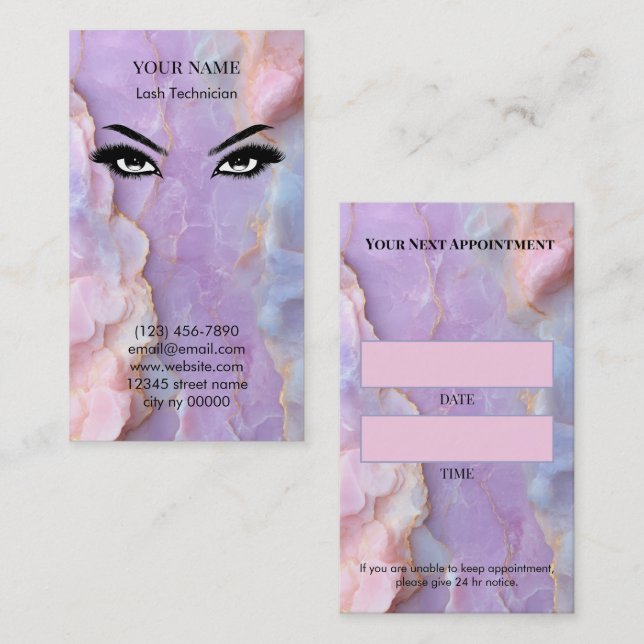 Luxury Pastel Marble Lash Artist Appointment Card Terminkarte (Vorne/Hinten)
