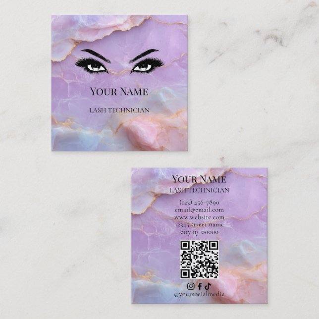 Luxury Pastel Marble Lash Artist QR code  Quadratische Visitenkarte (Vorne/Hinten)