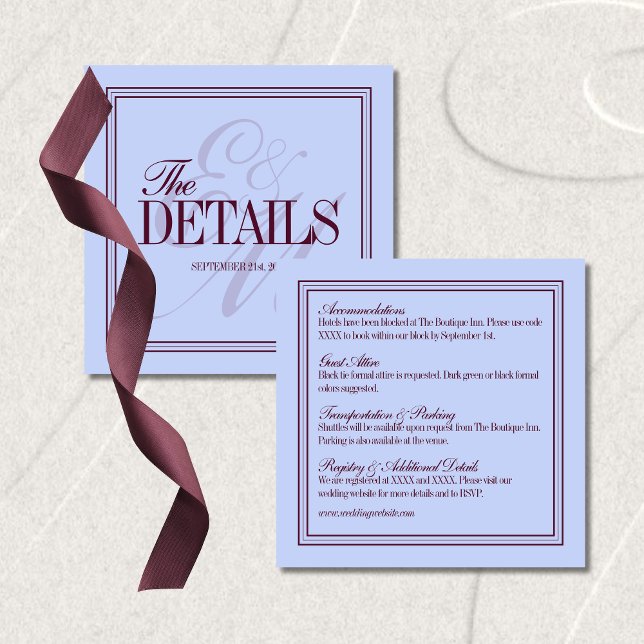 Luxury Periwinkle and Plum Formal Wedding Details Begleitkarte (Luxury Periwinkle and Plum Formal Wedding Details Enclosure Card
)