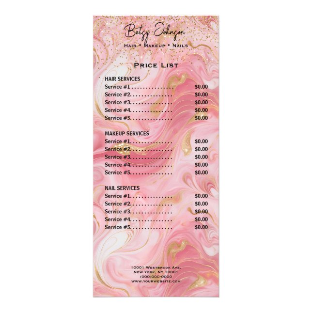 Luxury Pink and Gold Marbled Rack Card Price List Werbekarte (Vorne)