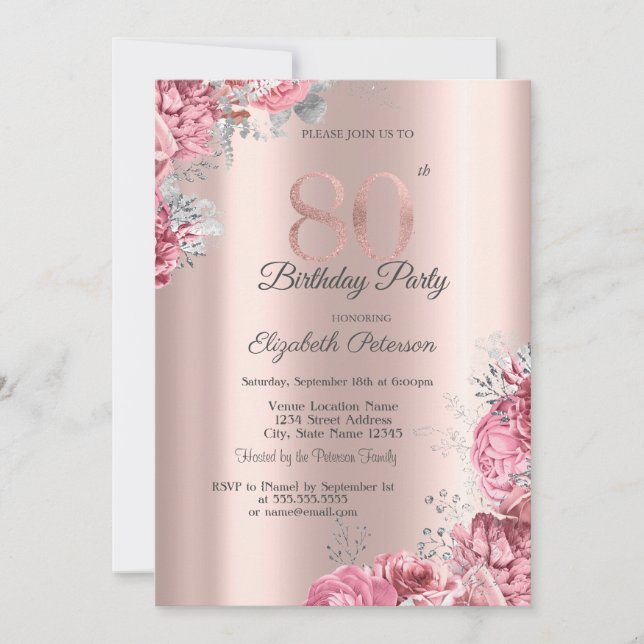 Luxury Pink Floral Rose Gold 80th Birthday Party Einladung (Vorderseite)